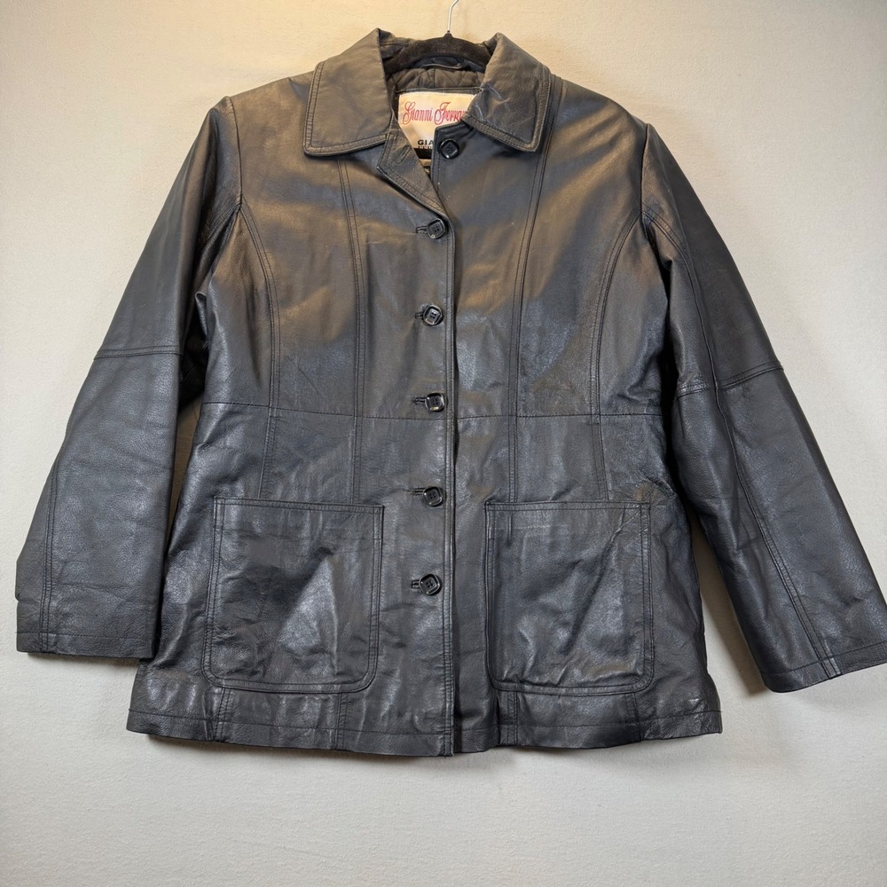 Gianni Ferrara Black Genuine Leather Jacket Womens 1XL Button Front Car Coat